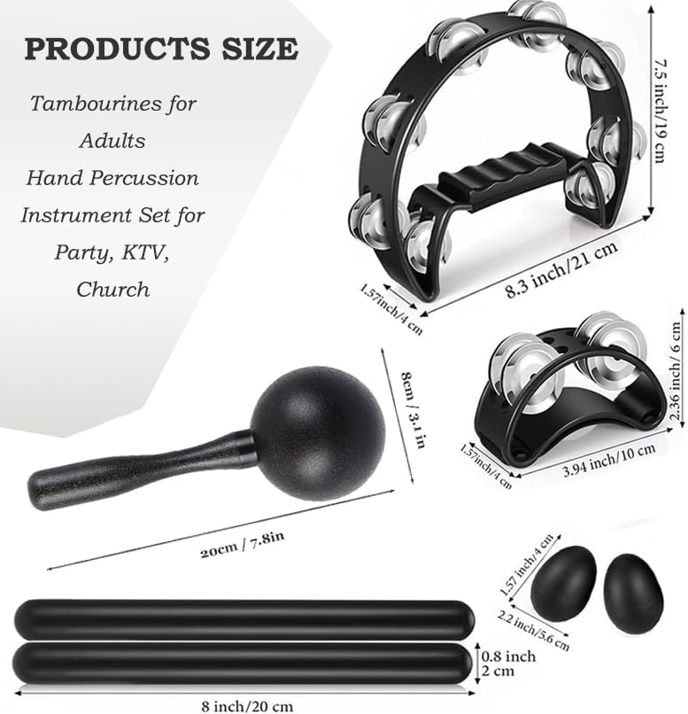 MOONBACK 8 Pcs Tambourines for Adults Metal Jingles Half Moon Tambourine, Foot Tambourine, Wood Rhythm Sticks，Egg Shakers, Sand Hammer, Hand Percussion Instrument Set for Party, KTV - Image 2